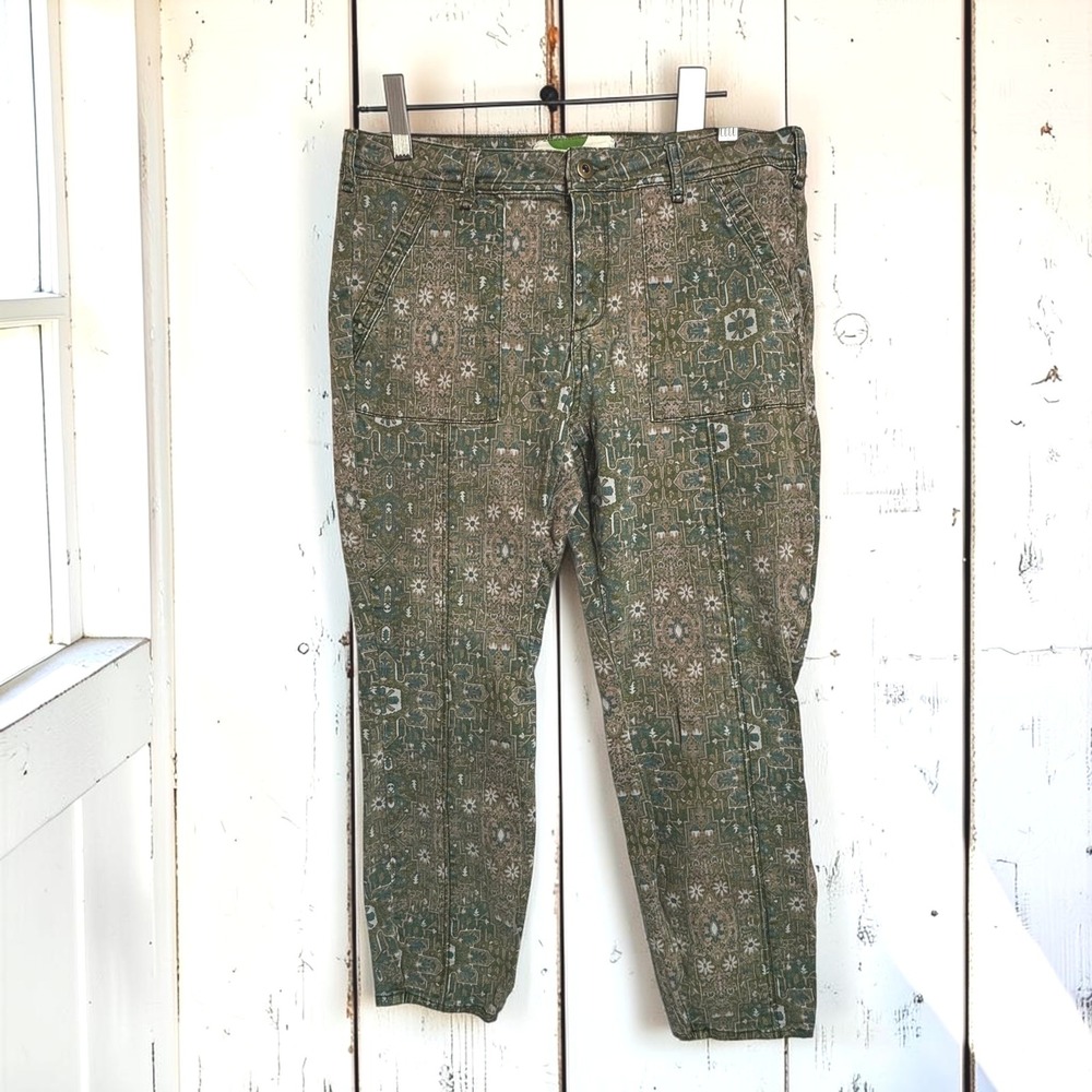 Anthropologie Tapestry Print Cropped Pants 31P Green Cotton Spandex Patch Pocket